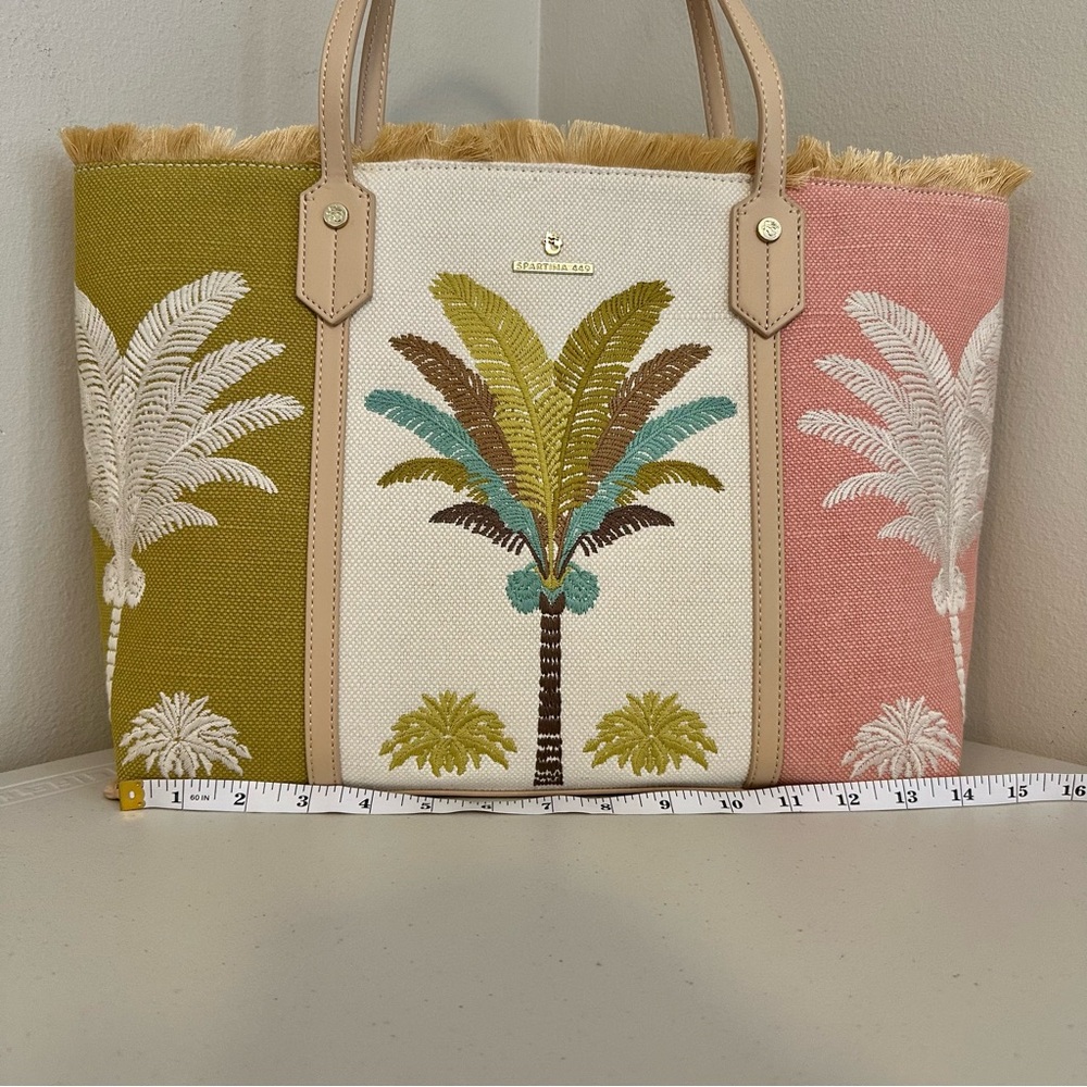 Spartina 449 Palm Tote Bag Embroidered Canvas Leather Trim Fringe Top Coastal - Picture 4 of 11
